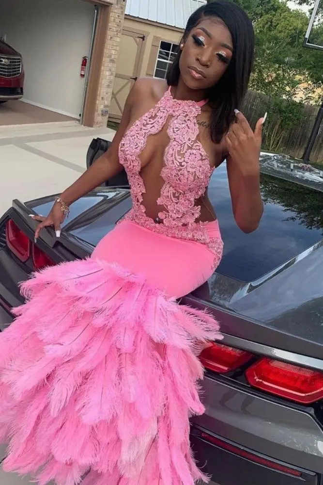 Pink Halter Mermaid Feather Prom Party GownsAppliques Evening Dressing