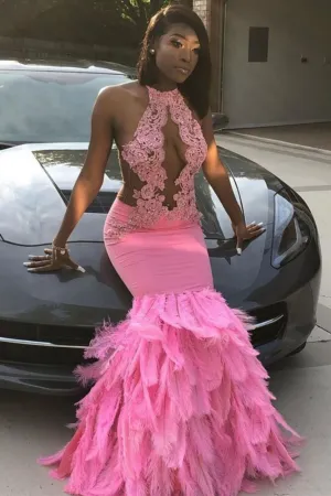 Pink Halter Mermaid Feather Prom Party GownsAppliques Evening Dressing