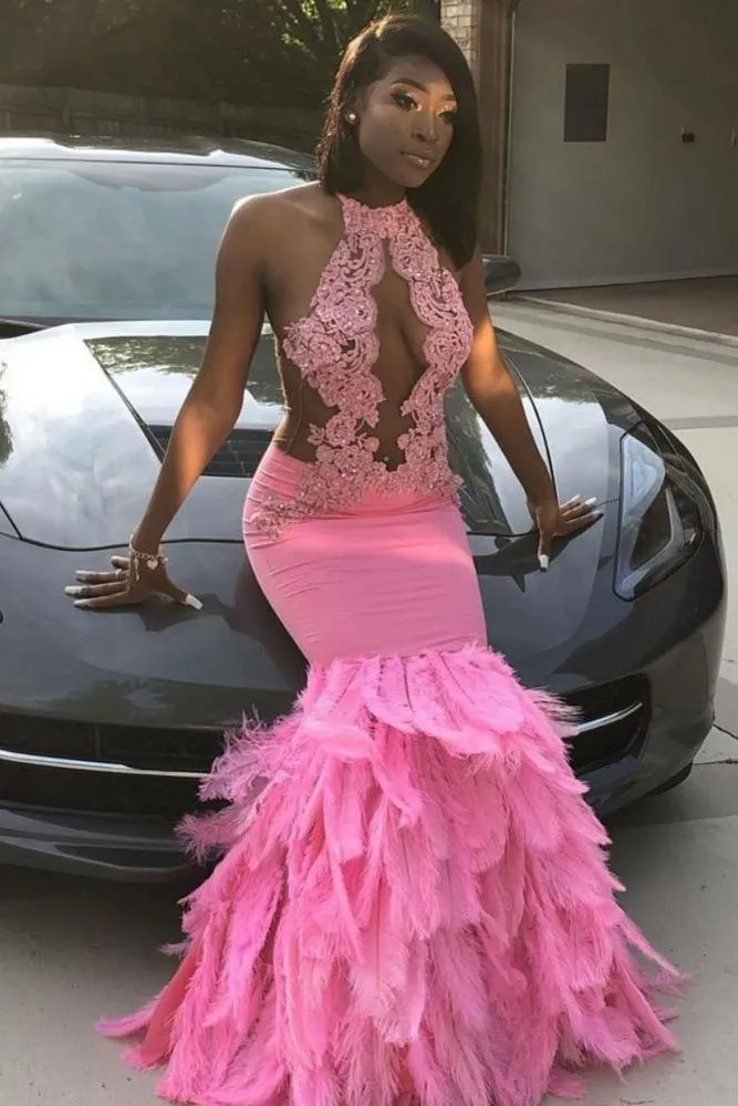 Pink Halter Mermaid Feather Prom Party GownsAppliques Evening Dressing