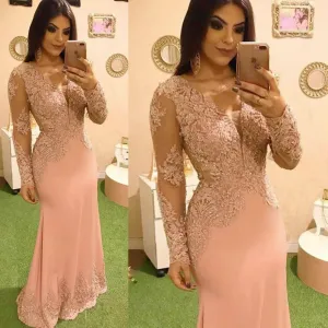 pink lace applique evening dresses long sleeve v neck mermaid modest evening gown vestidos de fiesta