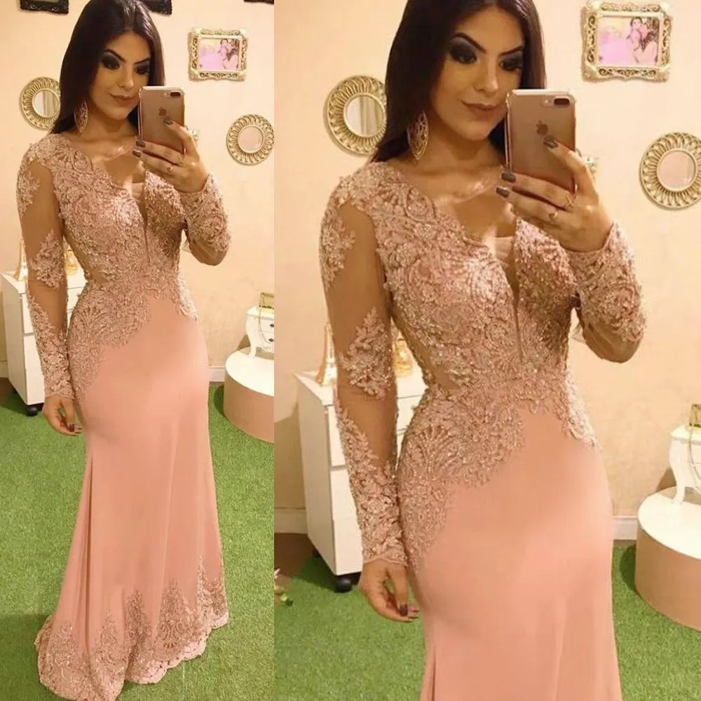 pink lace applique evening dresses long sleeve v neck mermaid modest evening gown vestidos de fiesta