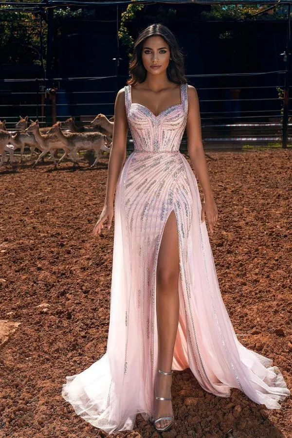 Pink Straps Sweetheart Long Prom Dress Mermaid Ruffles Evening Gowns With Slit