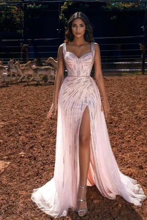 Pink Straps Sweetheart Long Prom Dress Mermaid Ruffles Evening Gowns With Slit