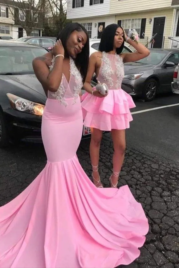 Pink V-neck Halter Sleeveless Appliques Long Mermaid Prom Dresses