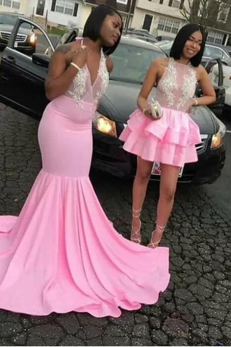 Pink V-neck Halter Sleeveless Appliques Long Mermaid Prom Dresses