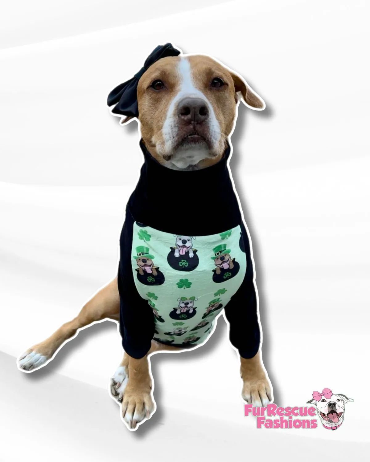 Pittie Pot O' Gold Green - Dog Pajama with Black Neck & Trim/Sleeves