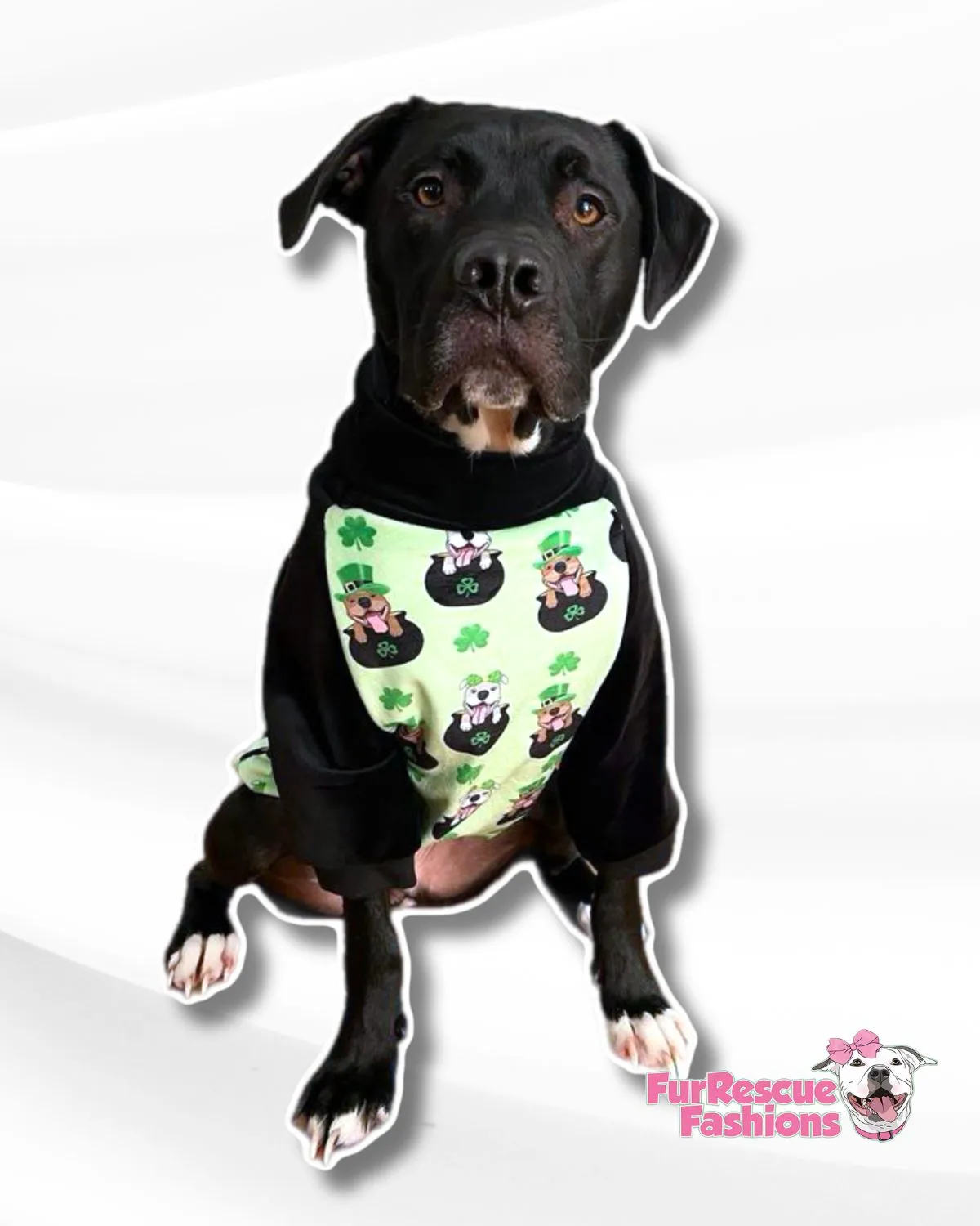 Pittie Pot O' Gold Green - Dog Pajama with Black Neck & Trim/Sleeves