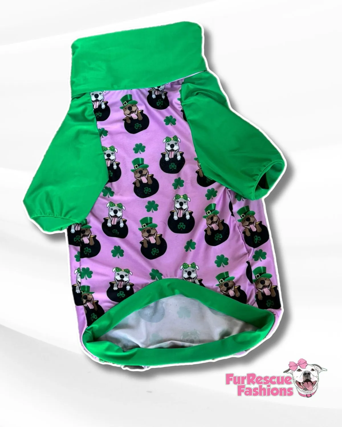 Pittie Pot O' Gold Pink - Dog Pajama with Green Neck & Trim/Sleeves