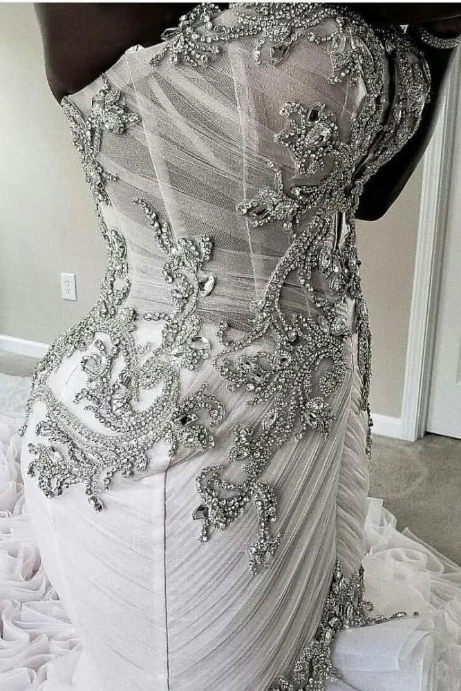 Plus Size Mermaid Crystal Lace Beads Sweetheart Long Train African Custom Made Ruffless Wedding Dresses