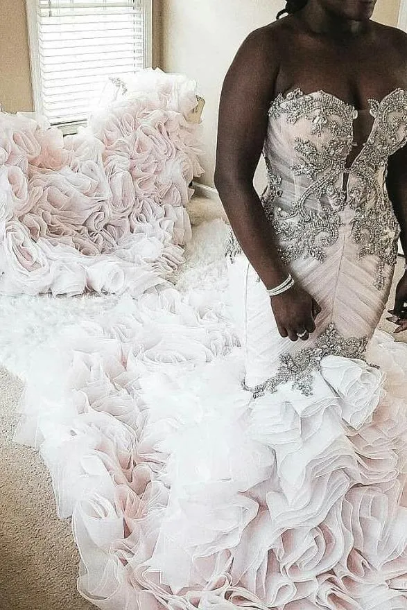 Plus Size Mermaid Crystal Lace Beads Sweetheart Long Train African Custom Made Ruffless Wedding Dresses