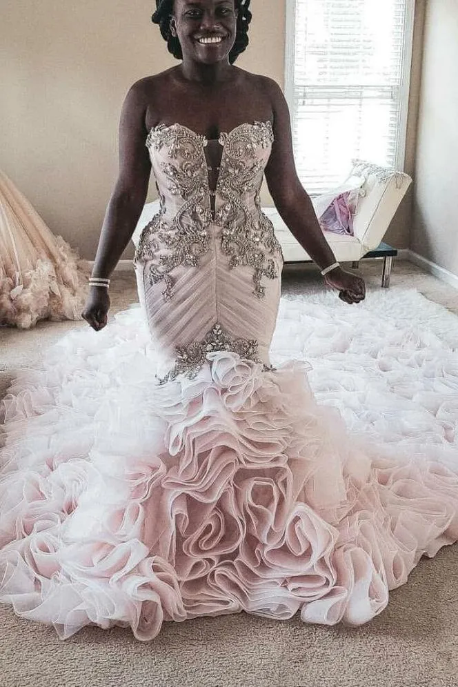 Plus Size Mermaid Crystal Lace Beads Sweetheart Long Train African Custom Made Ruffless Wedding Dresses