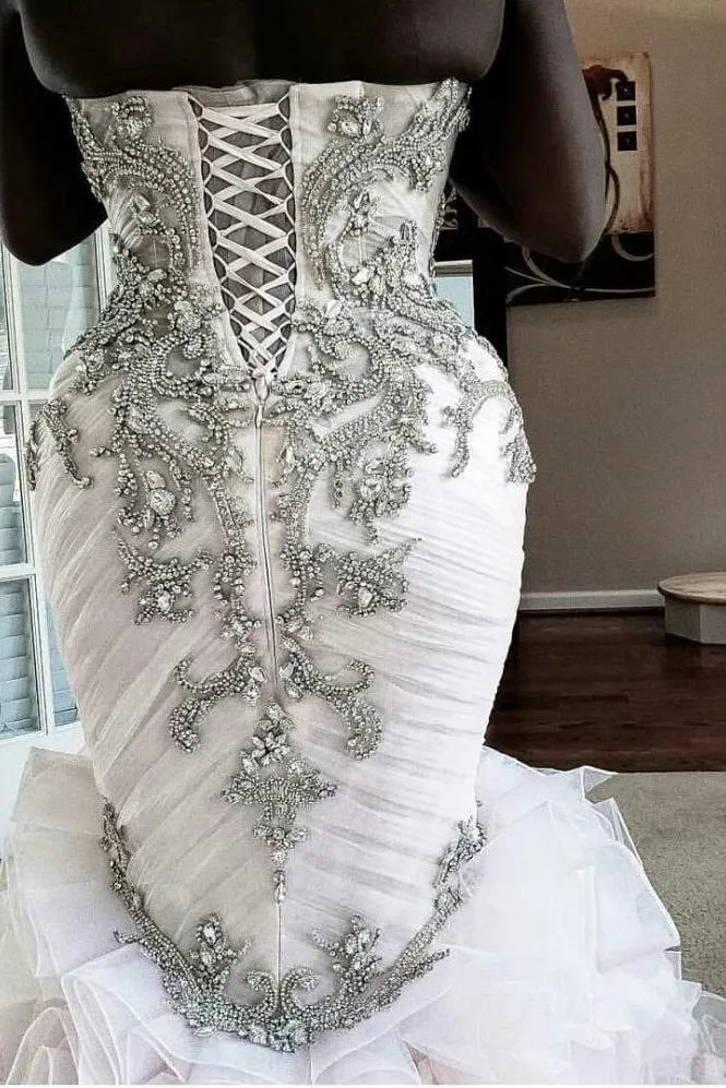 Plus Size Mermaid Crystal Lace Beads Sweetheart Long Train African Custom Made Ruffless Wedding Dresses