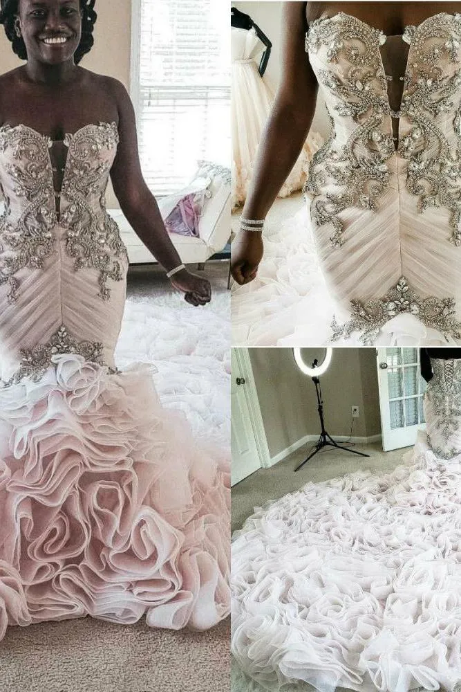 Plus Size Mermaid Crystal Lace Beads Sweetheart Long Train African Custom Made Ruffless Wedding Dresses