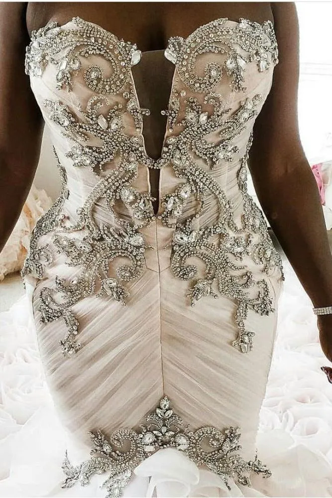 Plus Size Mermaid Crystal Lace Beads Sweetheart Long Train African Custom Made Ruffless Wedding Dresses