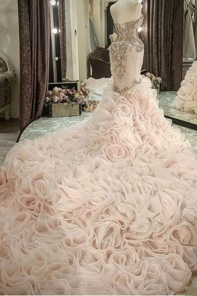 Plus Size Mermaid Crystal Lace Beads Sweetheart Long Train African Custom Made Ruffless Wedding Dresses