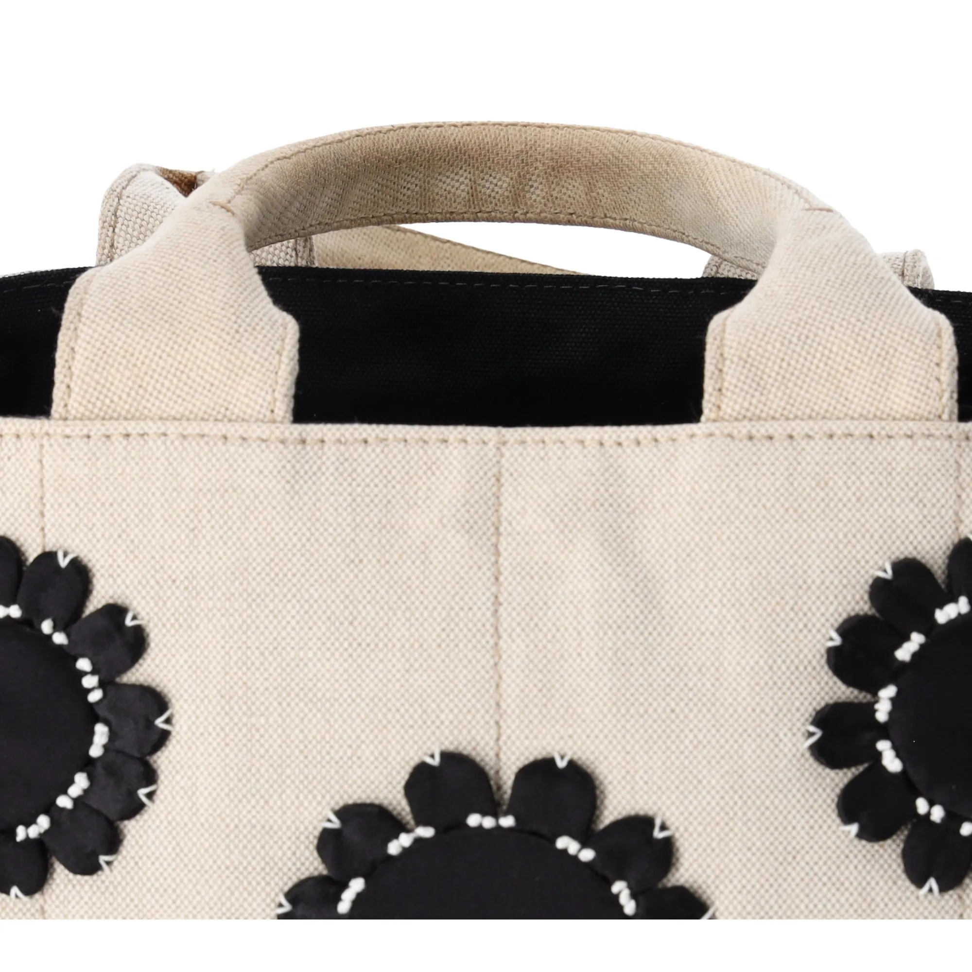 PRADA Canapa Tote Bag B1877E Cream Black Flowers Canvas
