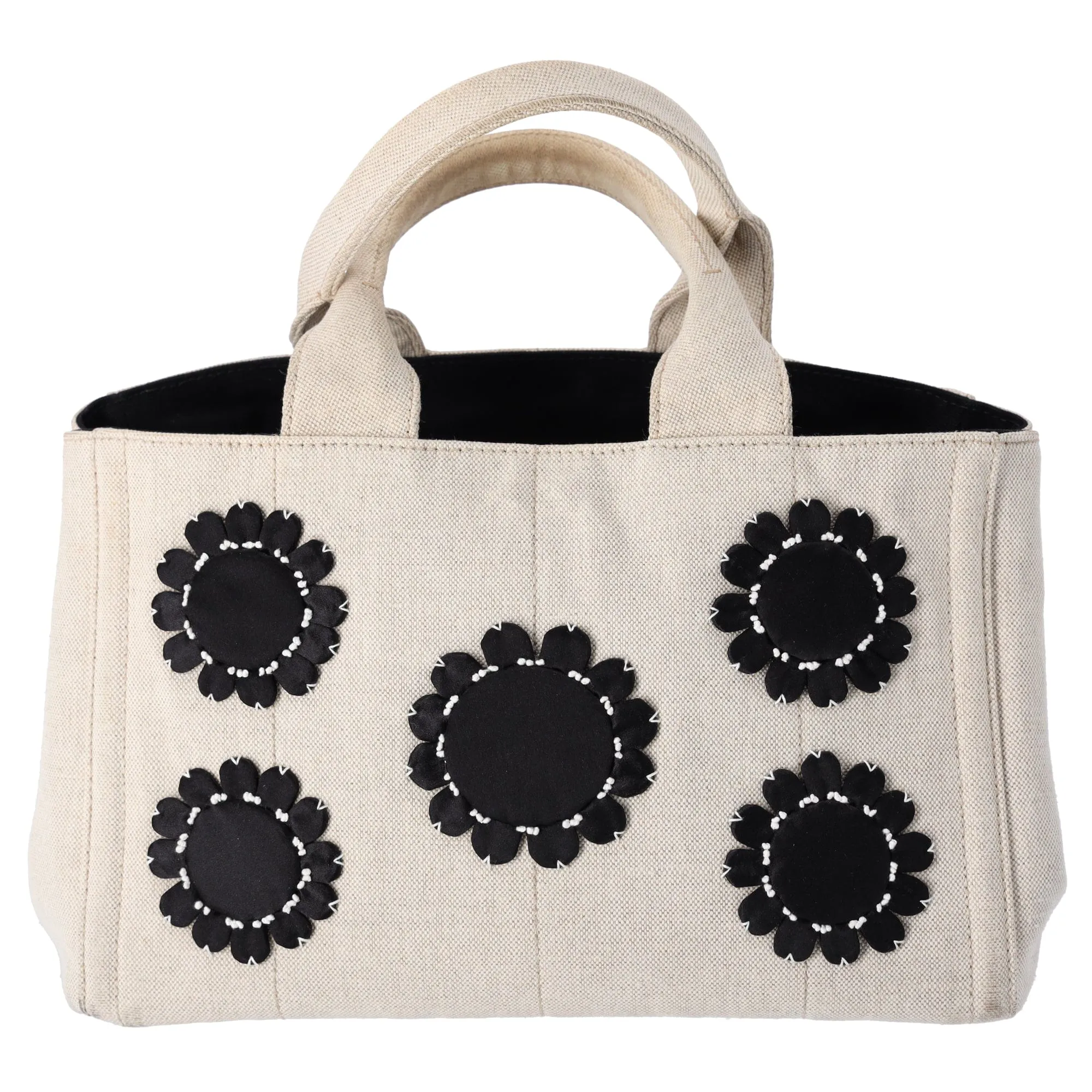 PRADA Canapa Tote Bag B1877E Cream Black Flowers Canvas