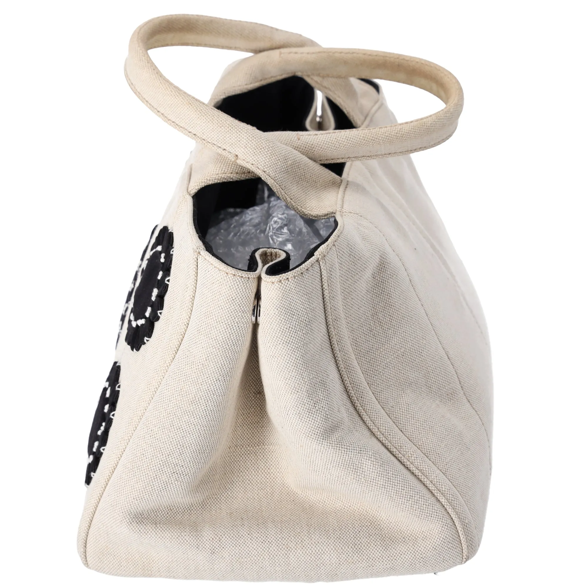 PRADA Canapa Tote Bag B1877E Cream Black Flowers Canvas