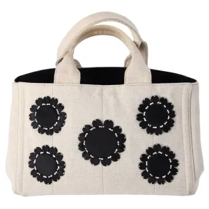 PRADA Canapa Tote Bag B1877E Cream Black Flowers Canvas