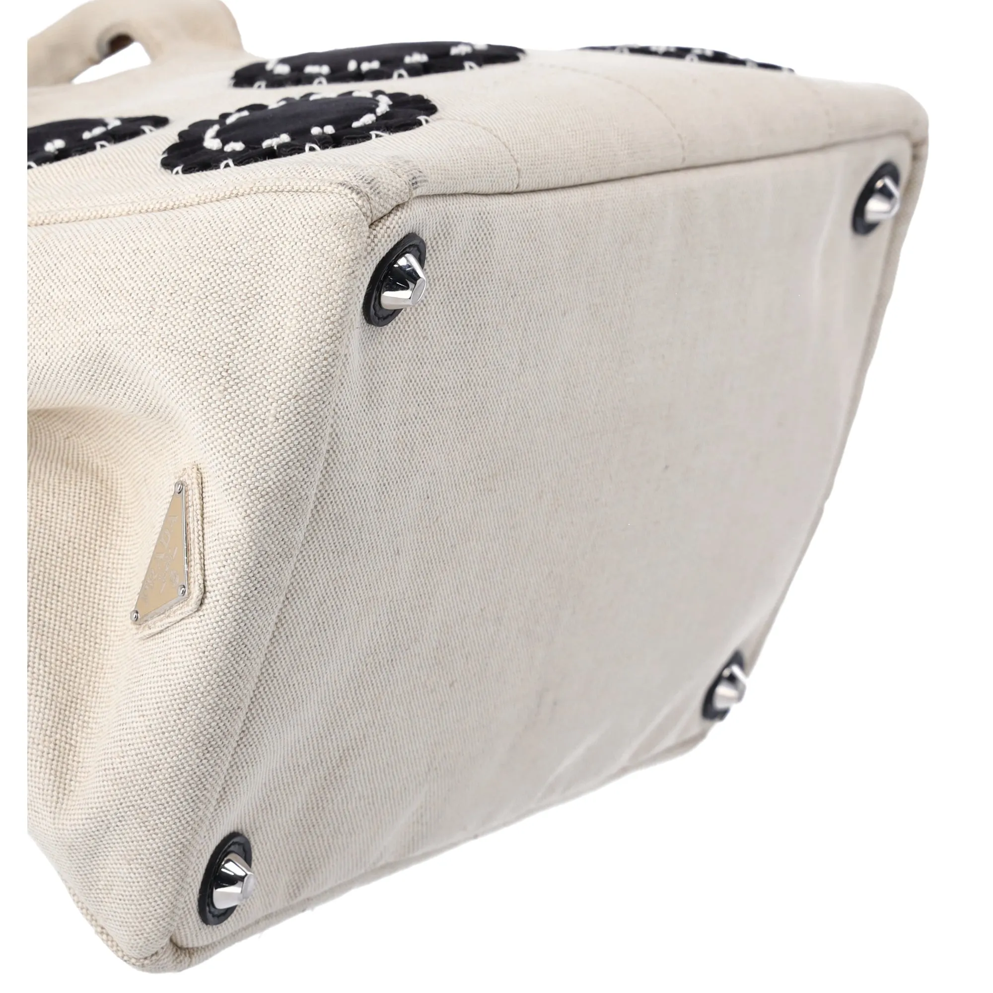 PRADA Canapa Tote Bag B1877E Cream Black Flowers Canvas