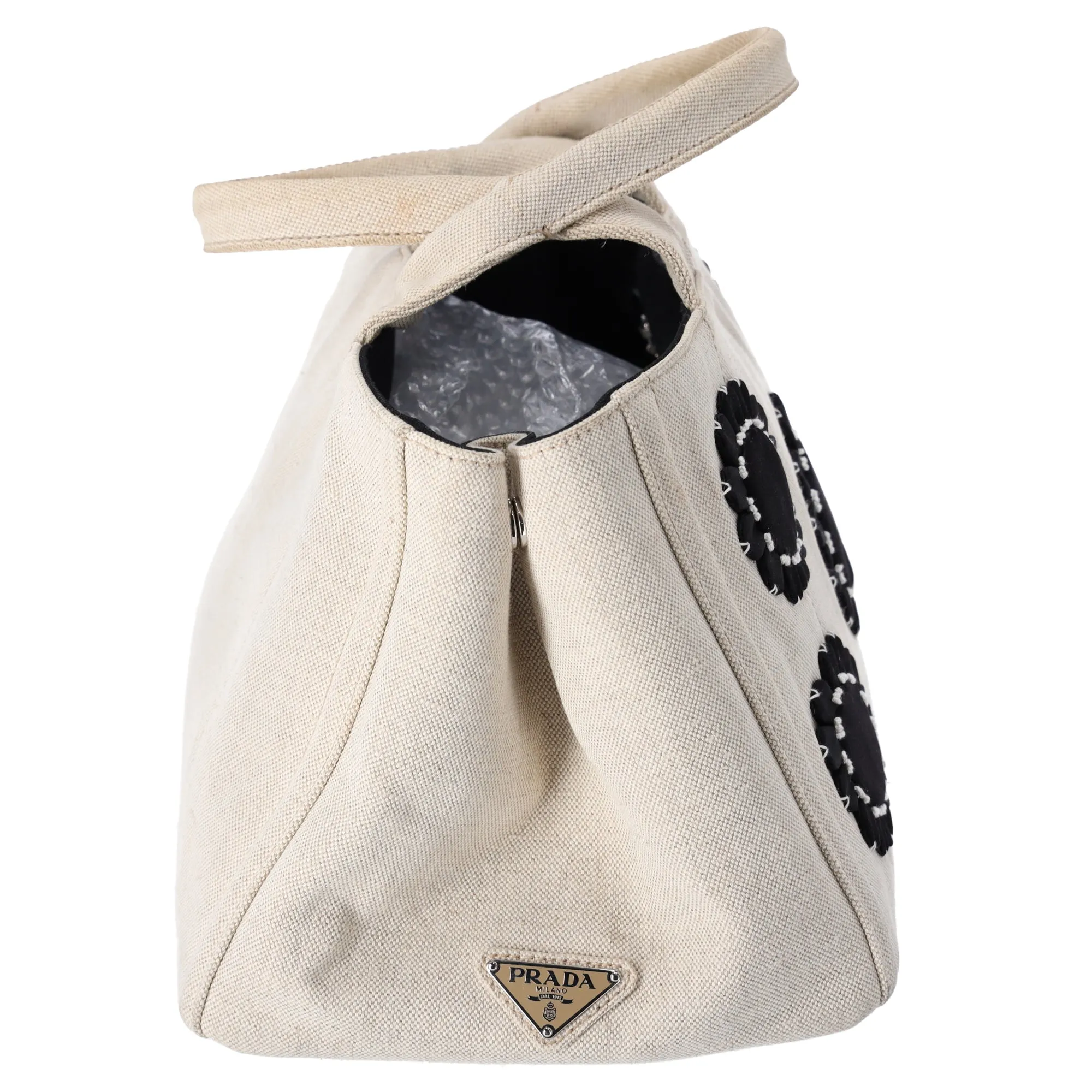 PRADA Canapa Tote Bag B1877E Cream Black Flowers Canvas