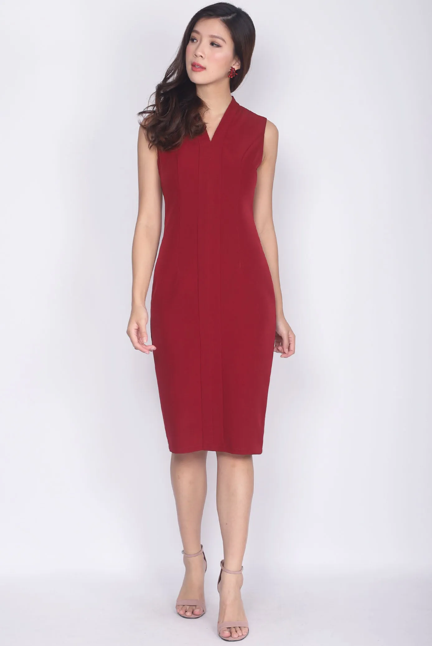 *Premium* TDC Aisha Oriental Obi Belt Pencil Dress In Wine Red