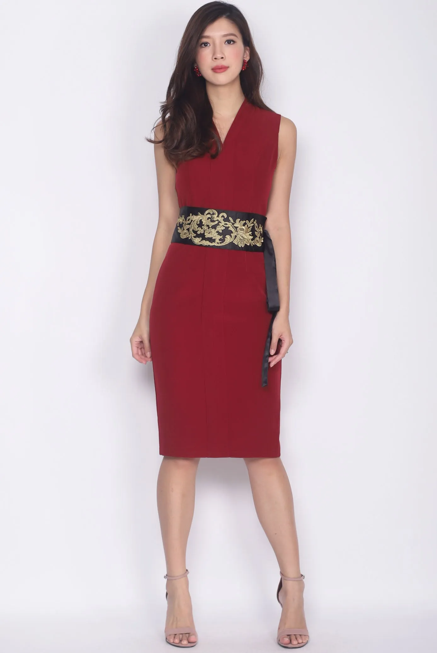 *Premium* TDC Aisha Oriental Obi Belt Pencil Dress In Wine Red