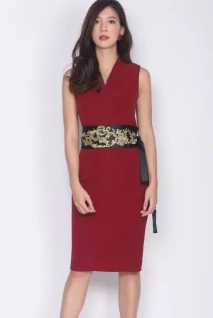 *Premium* TDC Aisha Oriental Obi Belt Pencil Dress In Wine Red