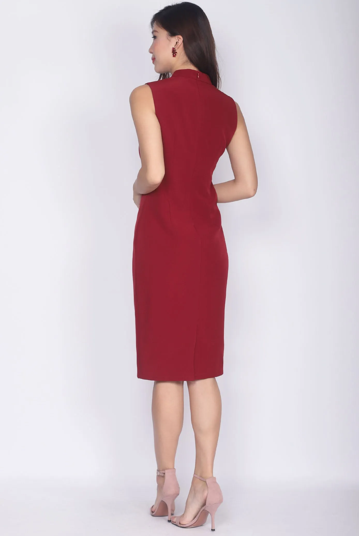 *Premium* TDC Aisha Oriental Obi Belt Pencil Dress In Wine Red