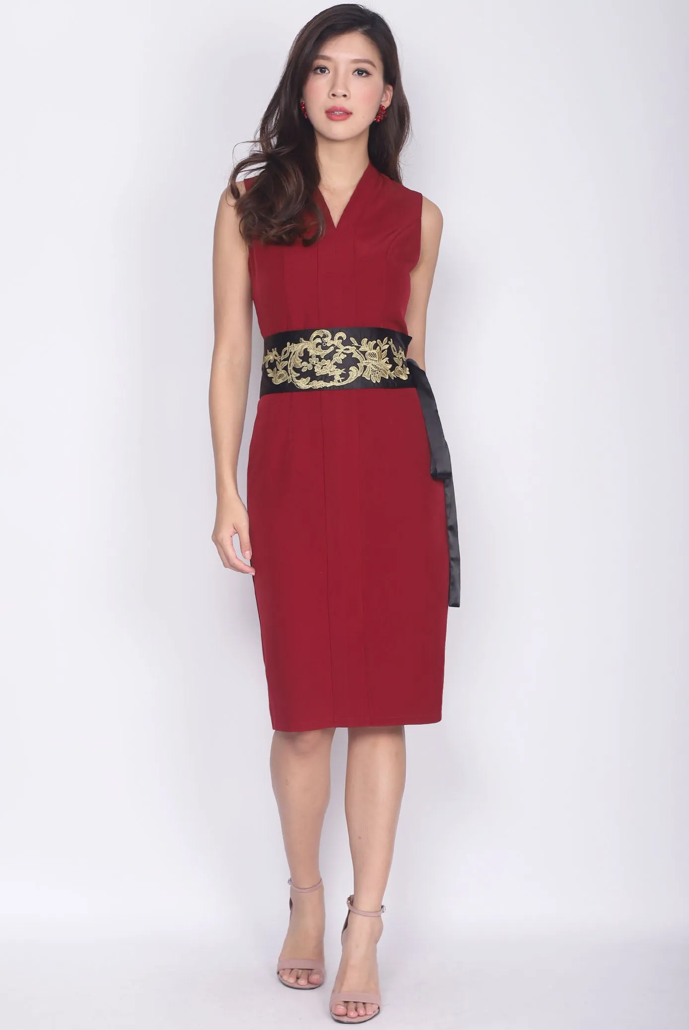 *Premium* TDC Aisha Oriental Obi Belt Pencil Dress In Wine Red