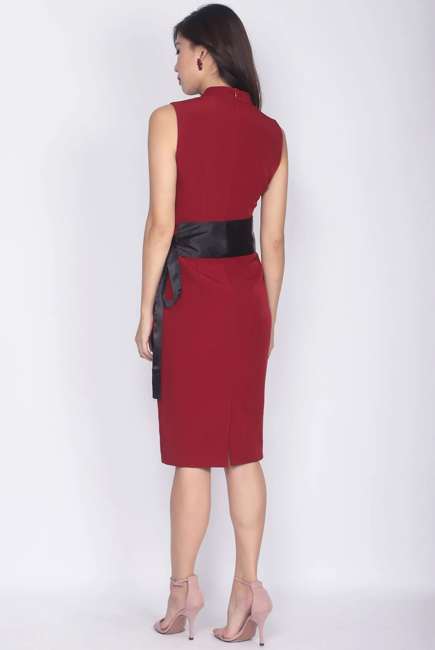 *Premium* TDC Aisha Oriental Obi Belt Pencil Dress In Wine Red