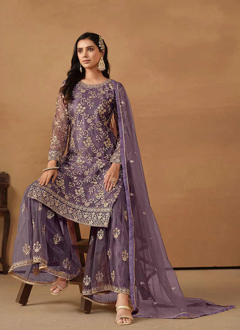 Purple Embroidery Net Gharara Suit
