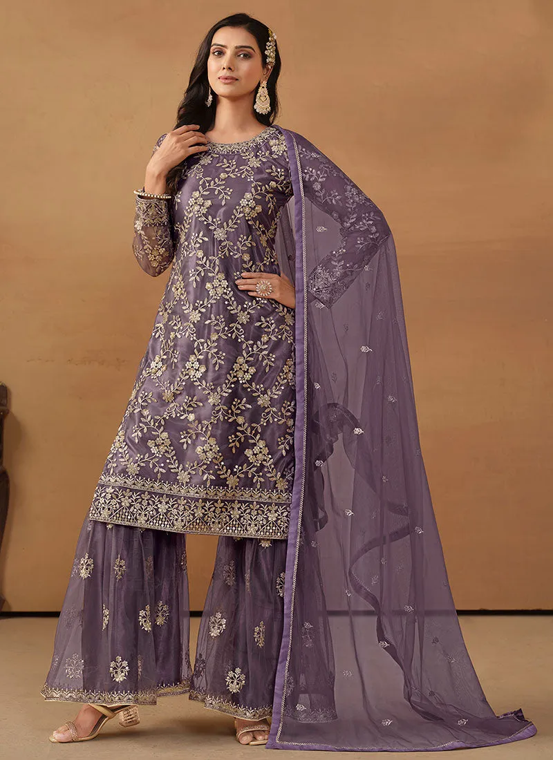 Purple Embroidery Net Gharara Suit