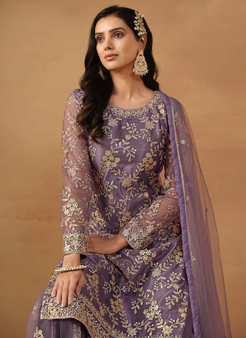 Purple Embroidery Net Gharara Suit