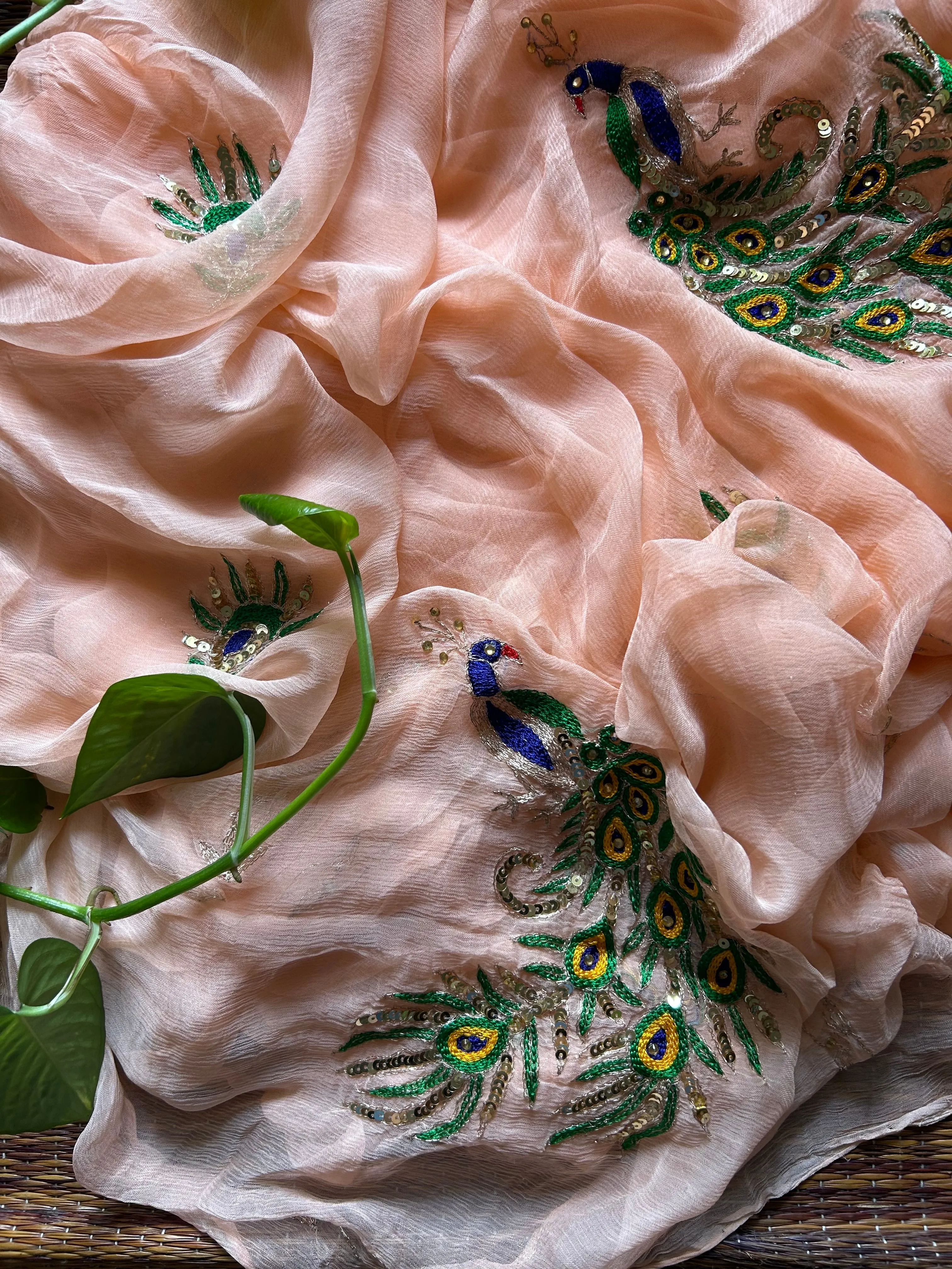 Rajputi Chiffon Handwork Sari in Peach