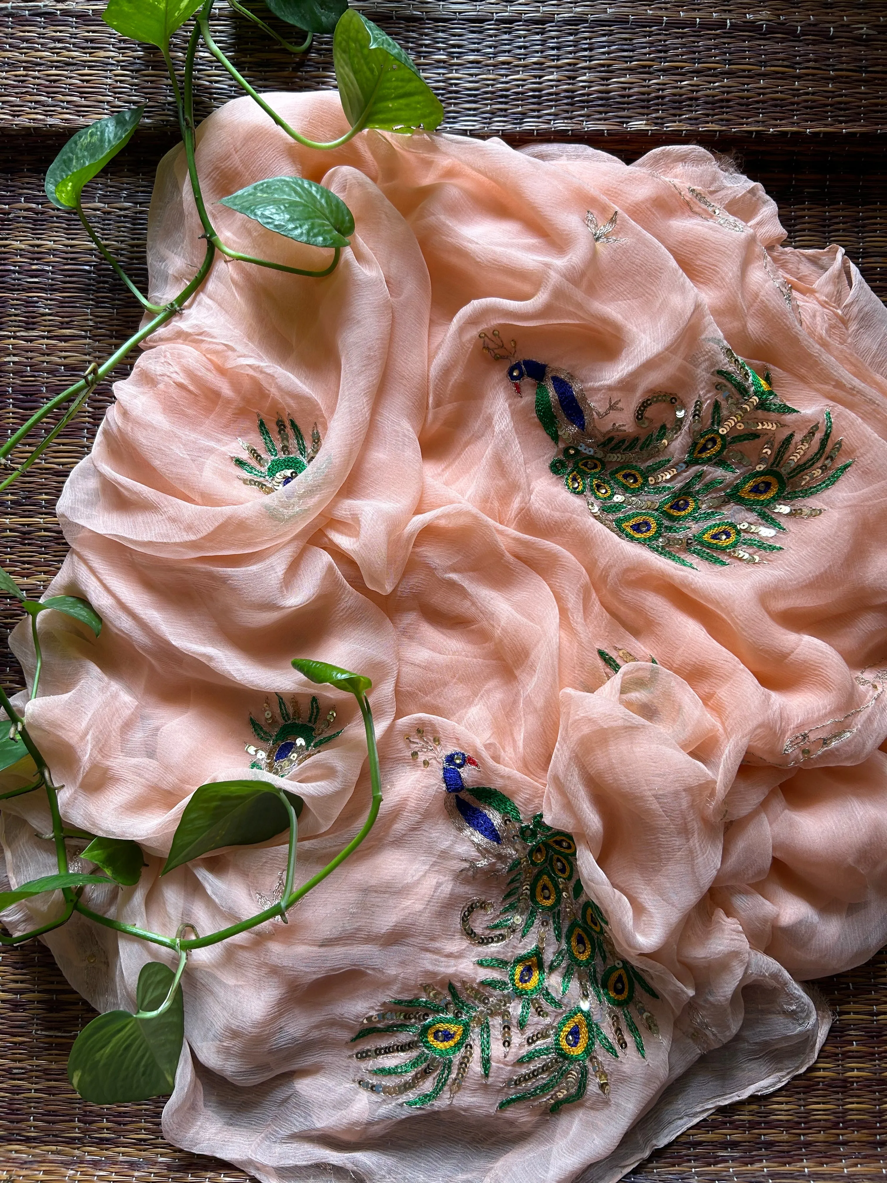 Rajputi Chiffon Handwork Sari in Peach