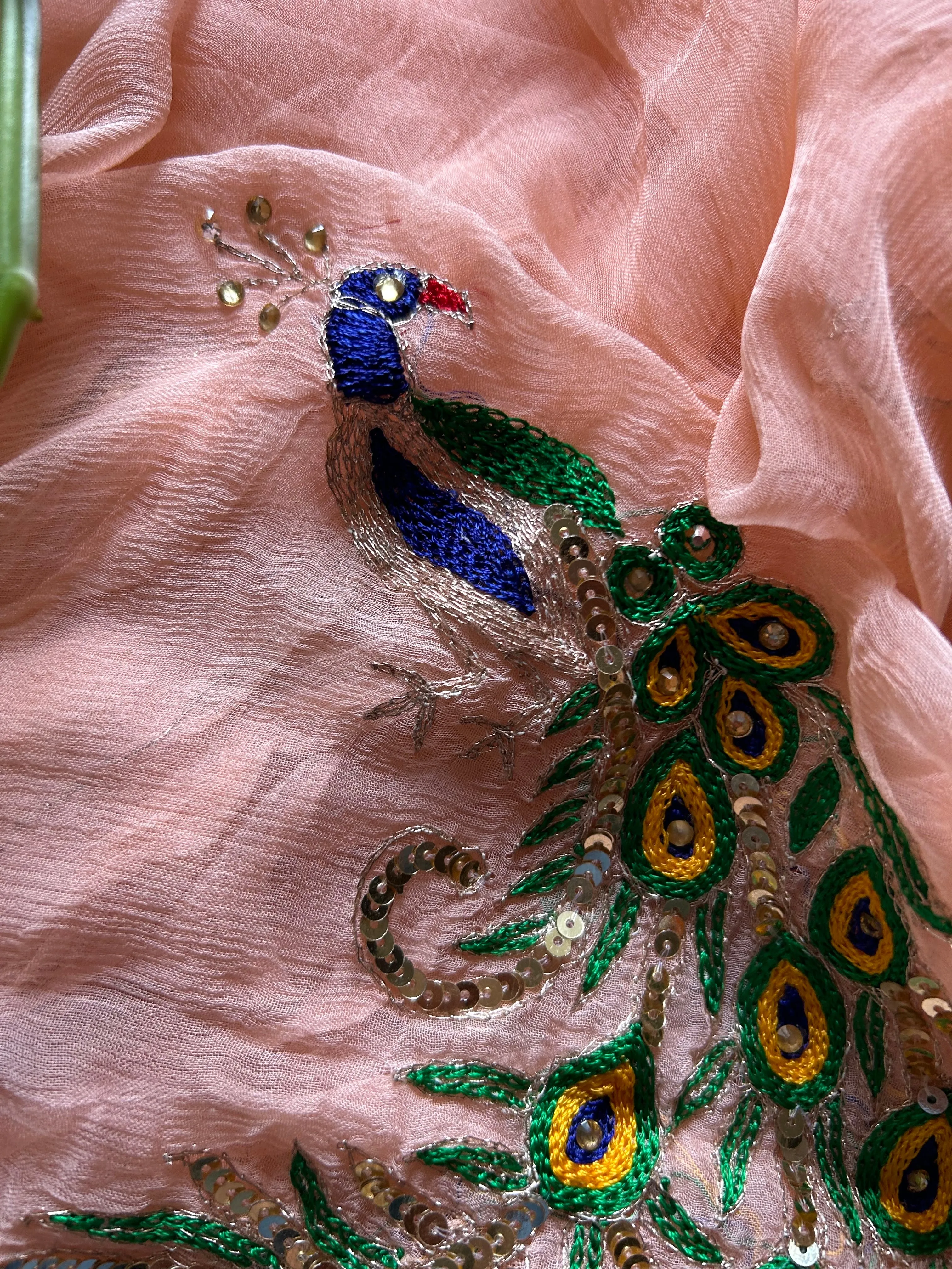 Rajputi Chiffon Handwork Sari in Peach