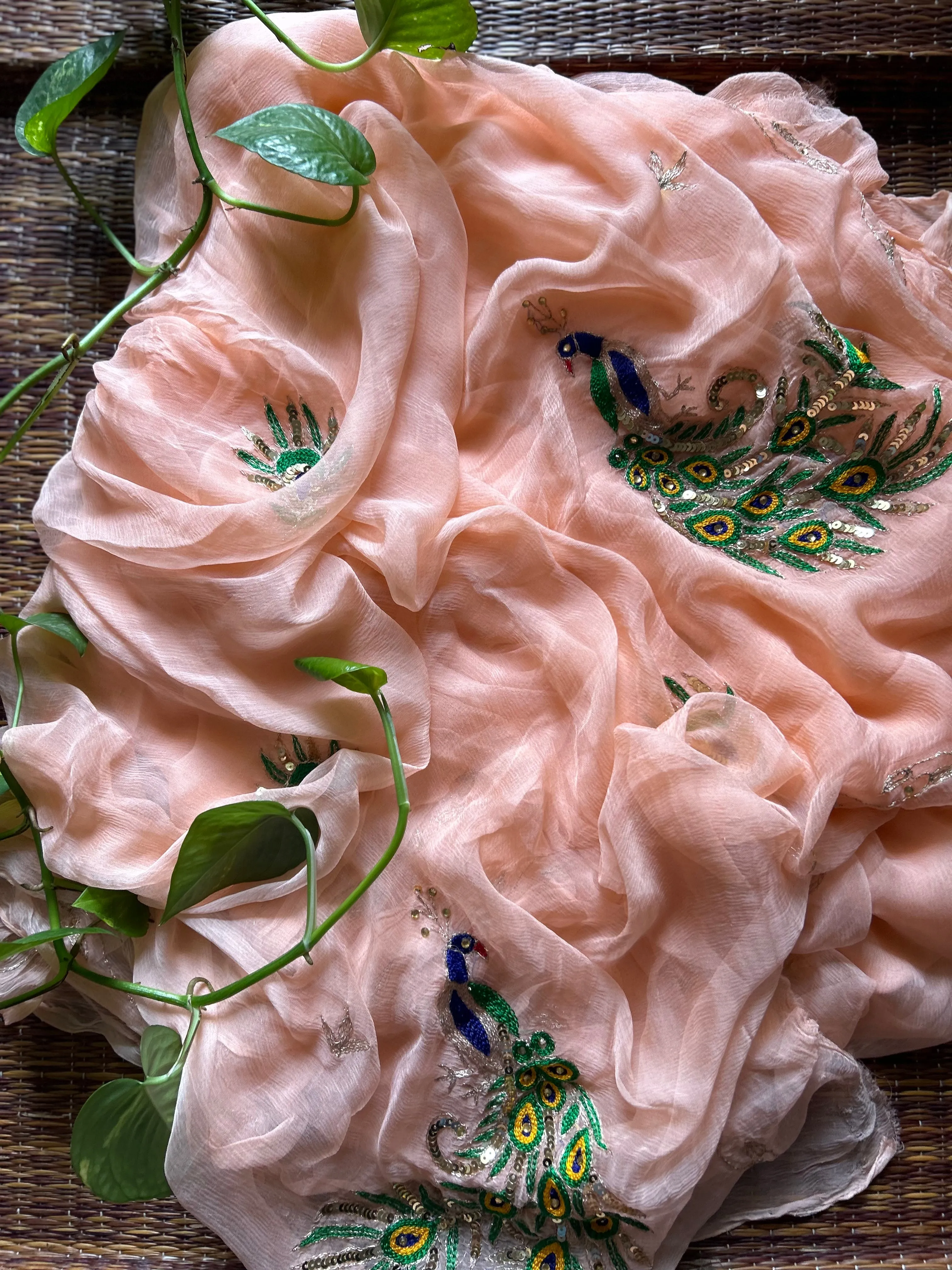 Rajputi Chiffon Handwork Sari in Peach