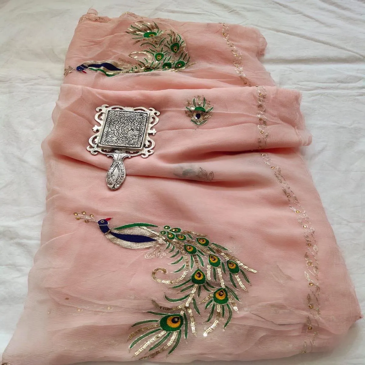 Rajputi Chiffon Handwork Sari in Peach