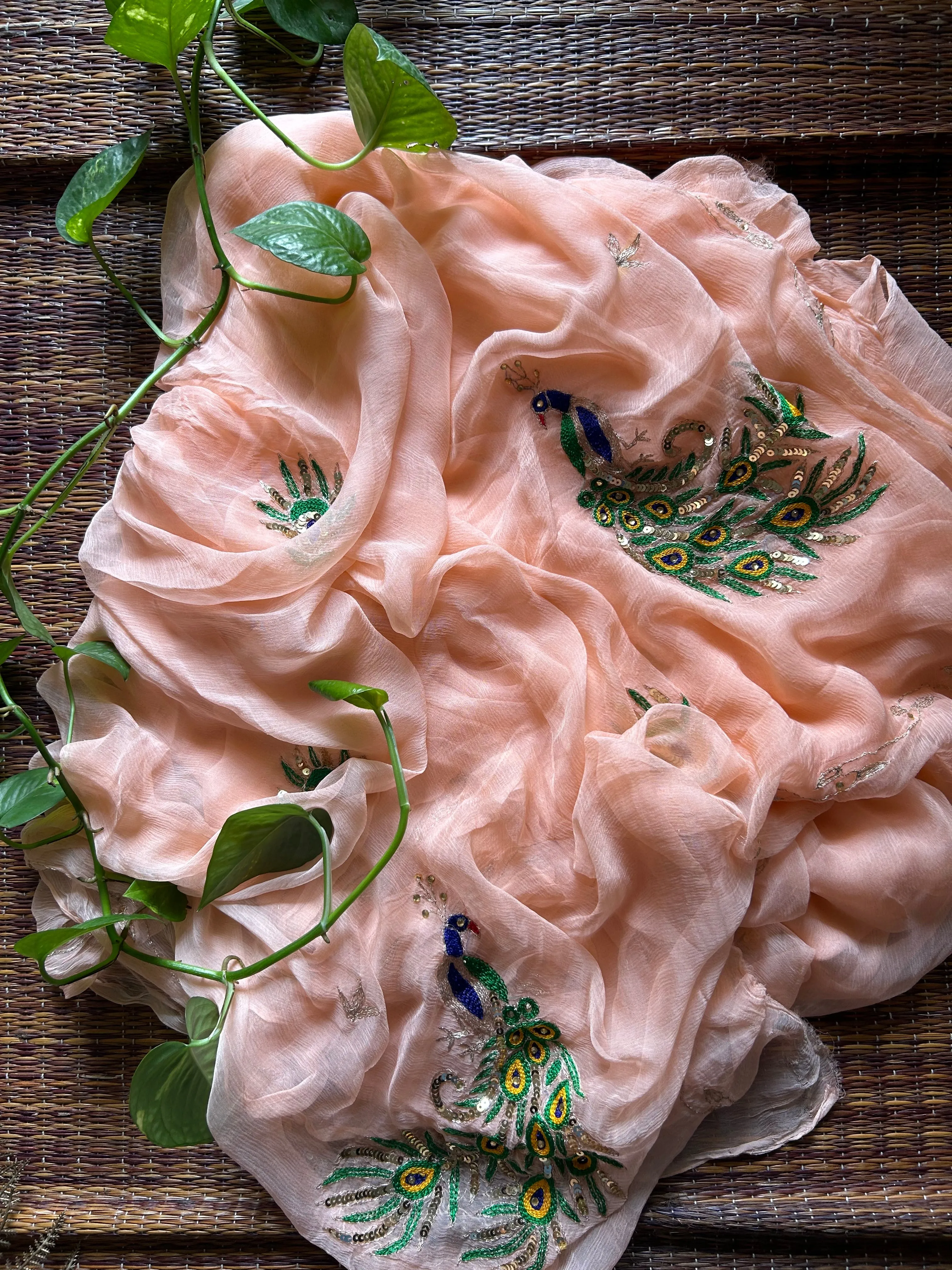 Rajputi Chiffon Handwork Sari in Peach