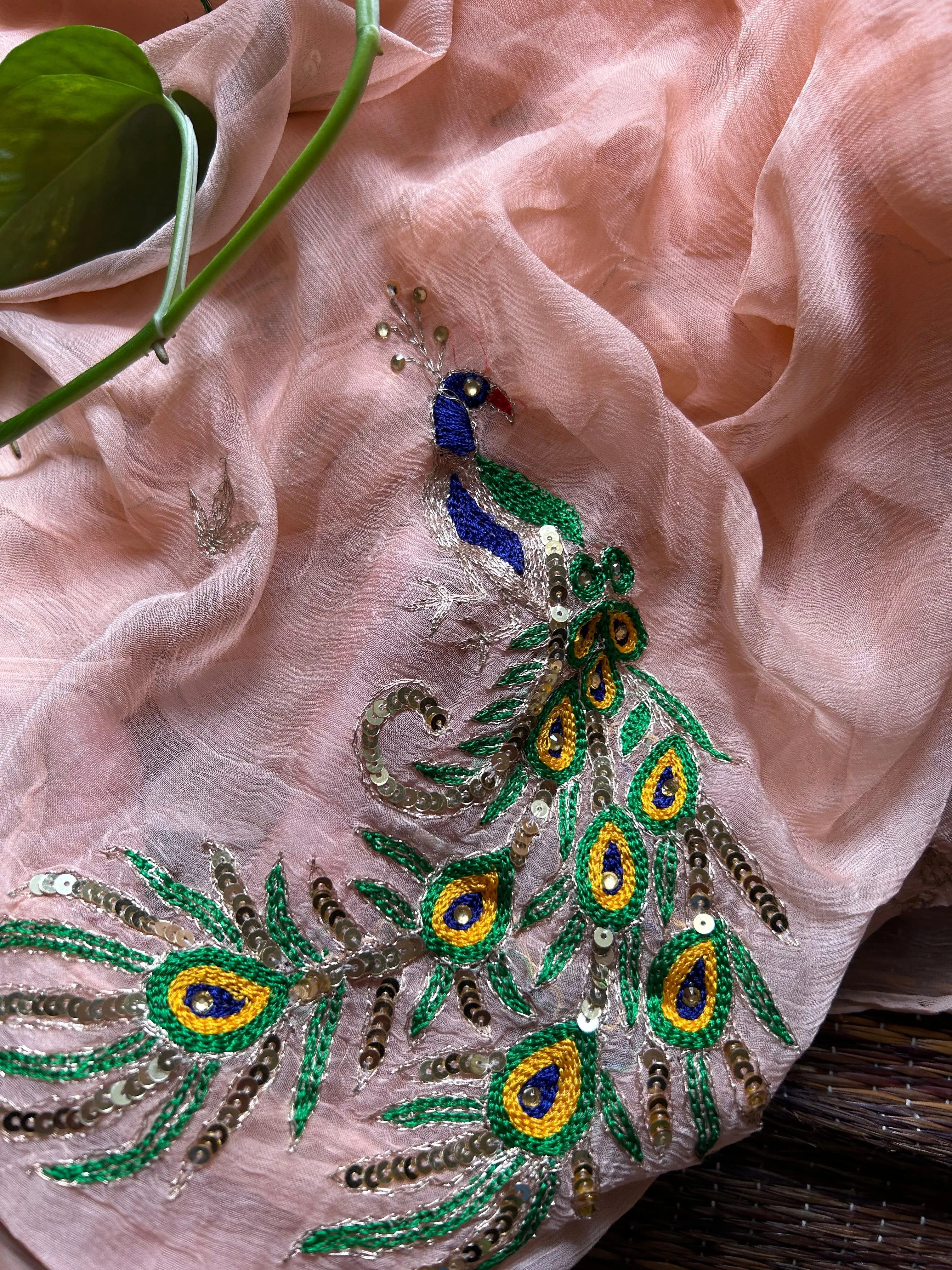 Rajputi Chiffon Handwork Sari in Peach