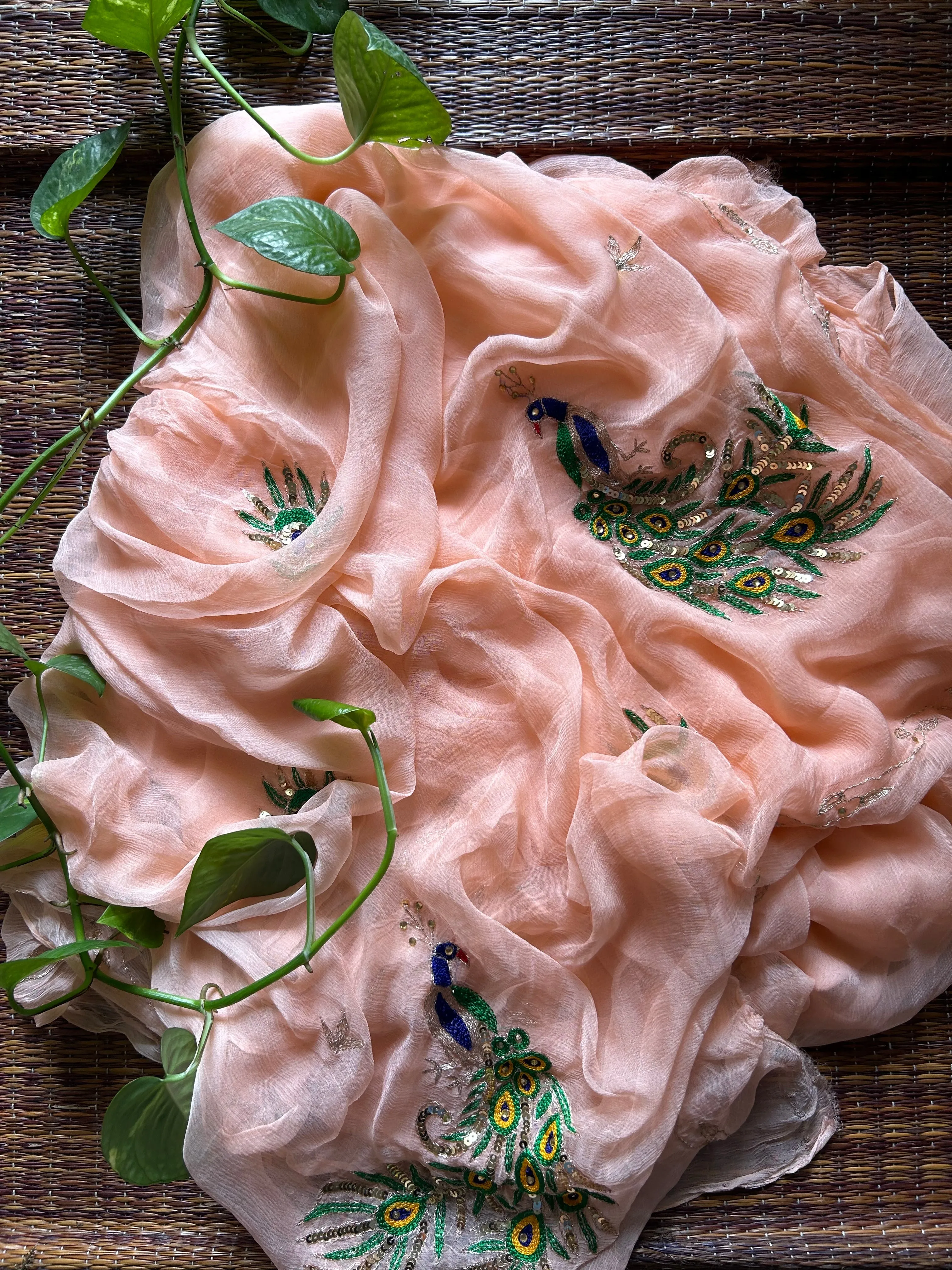 Rajputi Chiffon Handwork Sari in Peach