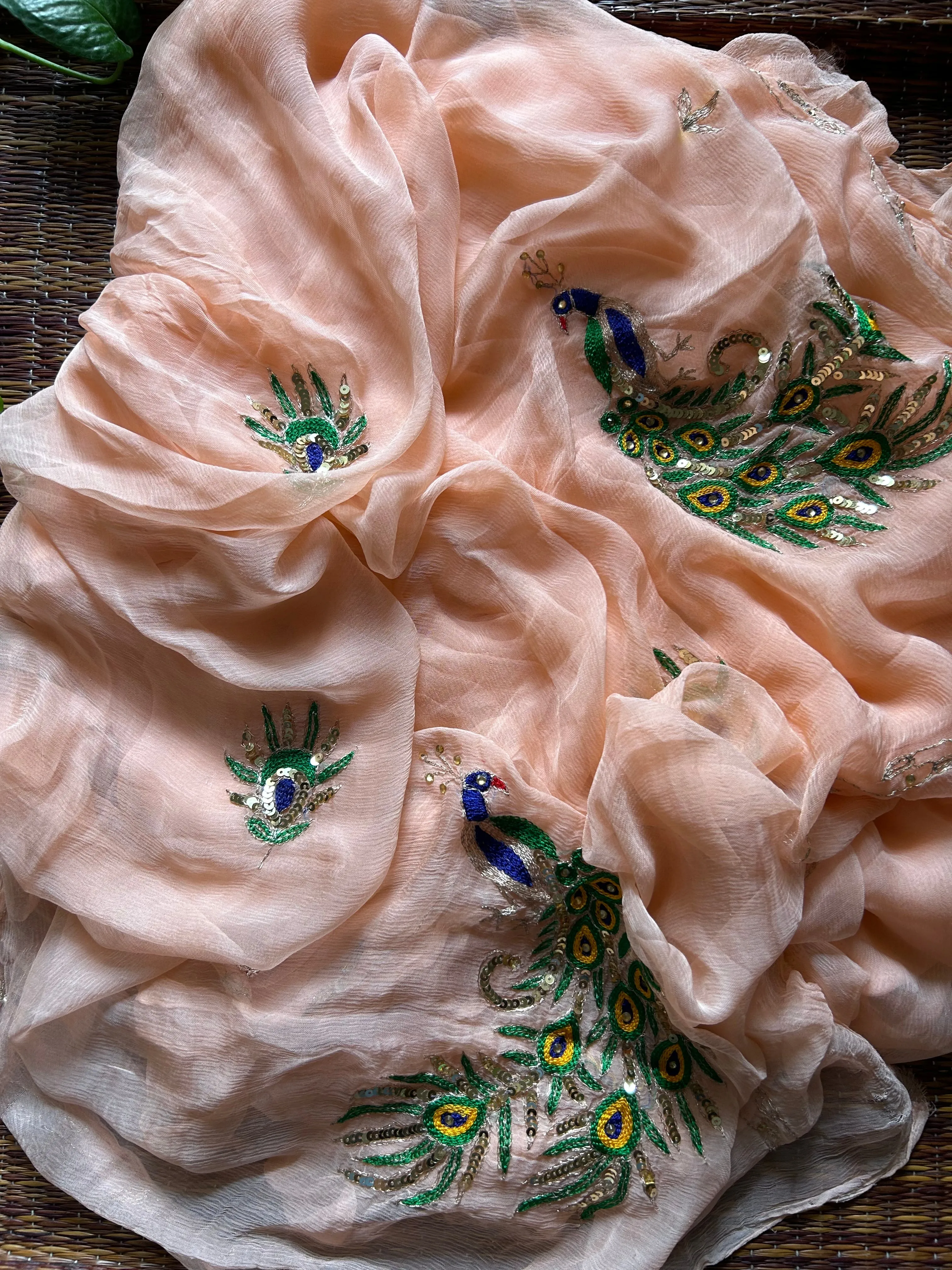 Rajputi Chiffon Handwork Sari in Peach