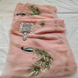 Rajputi Chiffon Handwork Sari in Peach