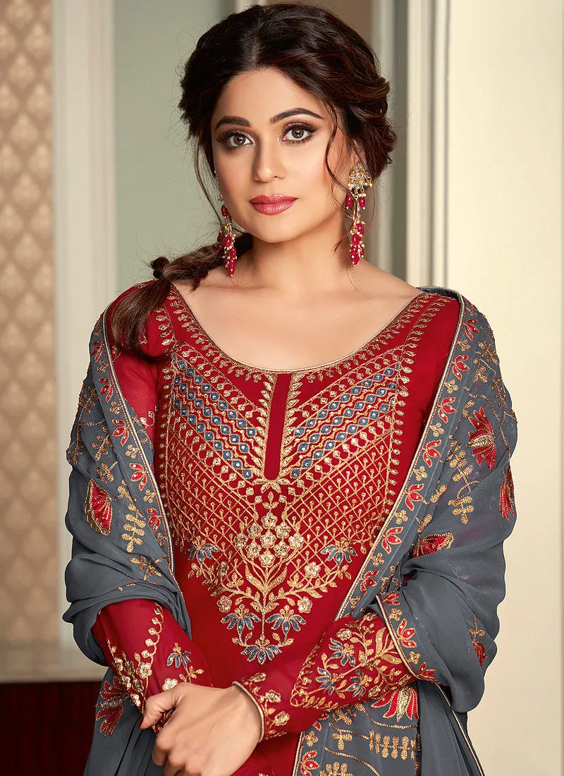 Red And Grey Embroidered Lehenga Style Suit