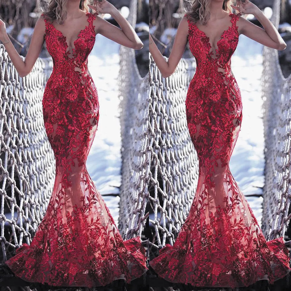 red evening dresses long sleeve lace appliqué mermaid v neck sheer back sexy formal dresses vestido de Longo