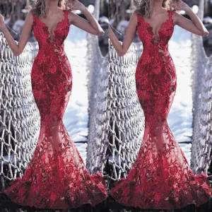 red evening dresses long sleeve lace appliqué mermaid v neck sheer back sexy formal dresses vestido de Longo