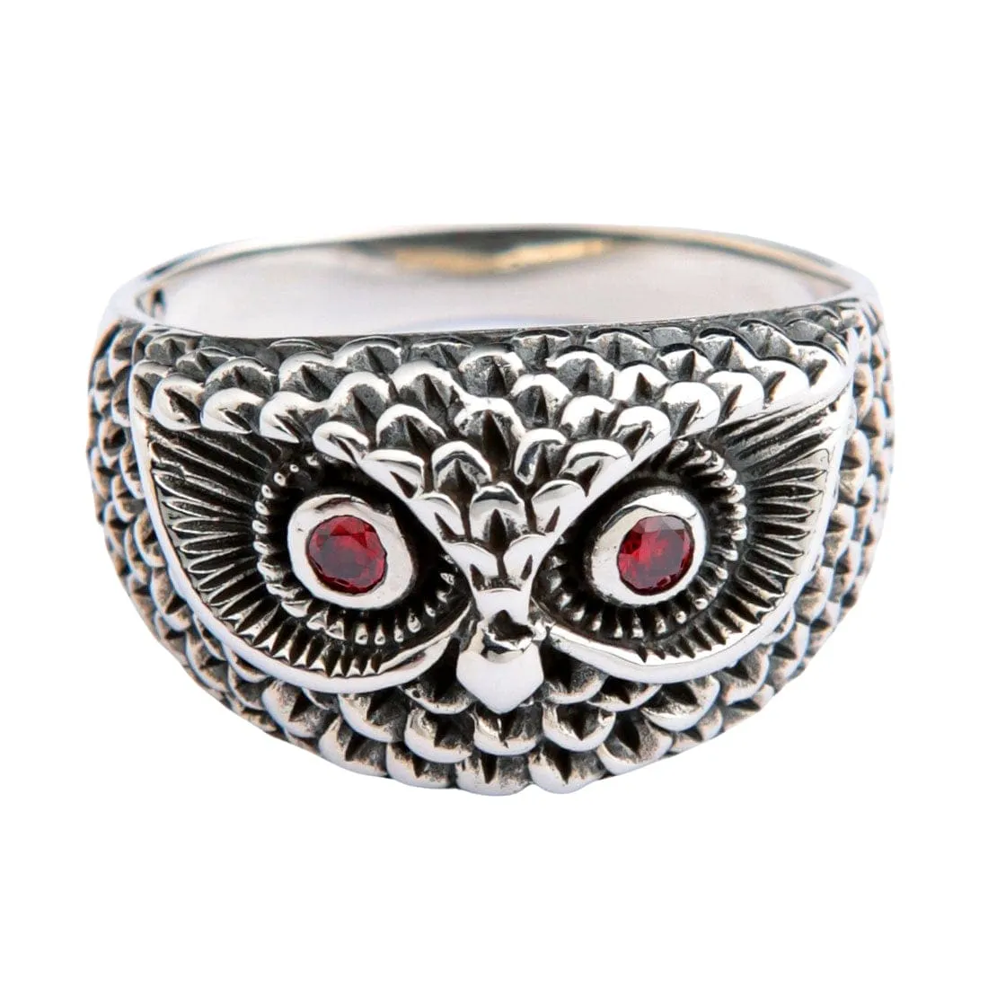 Red Garnet Eyes Owl Sterling Silver Band Ring
