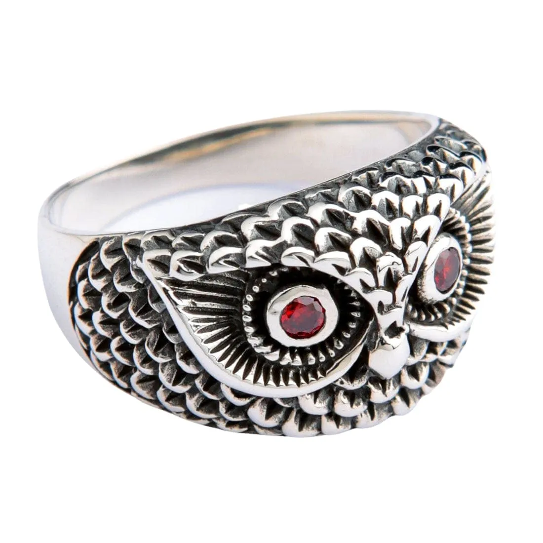 Red Garnet Eyes Owl Sterling Silver Band Ring