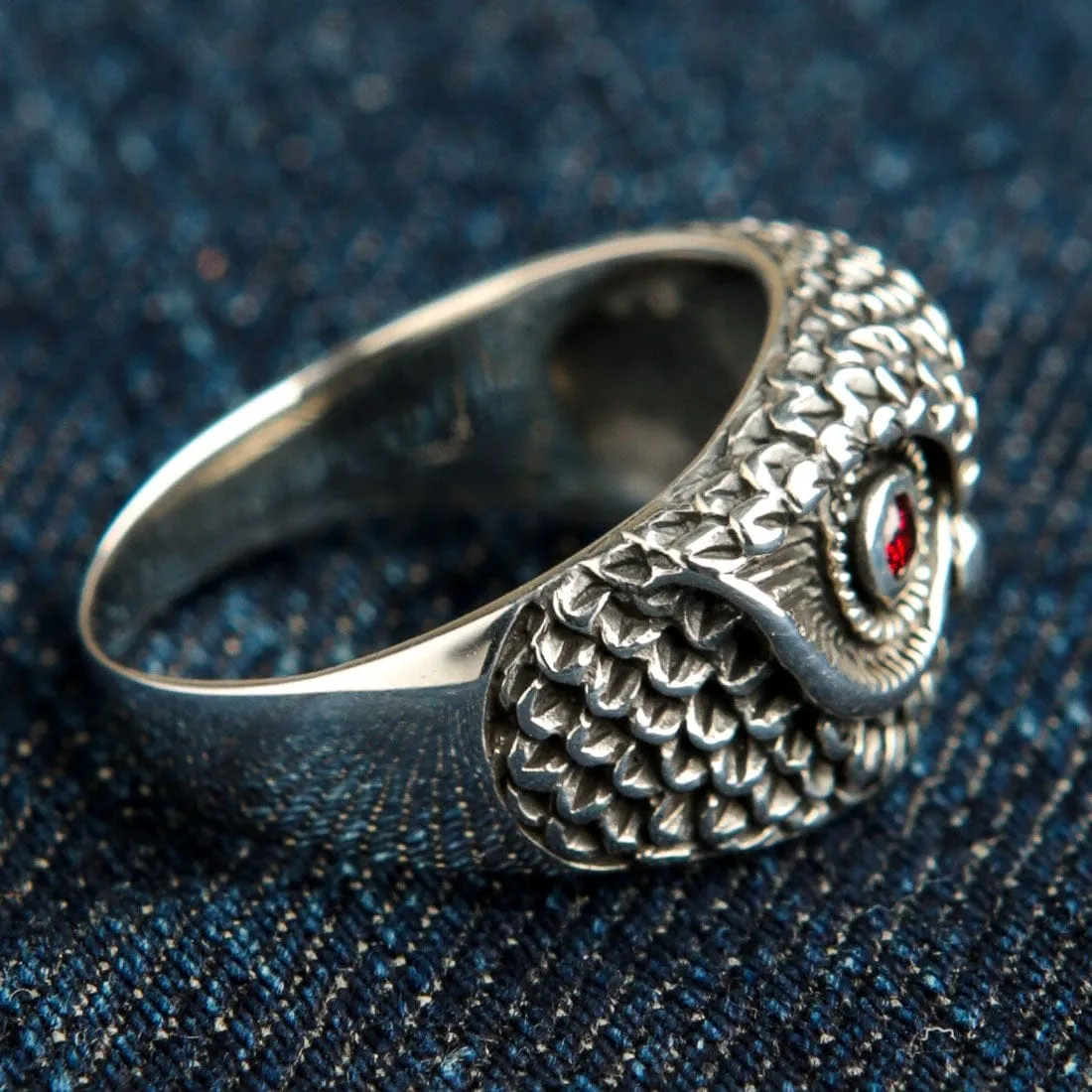 Red Garnet Eyes Owl Sterling Silver Band Ring